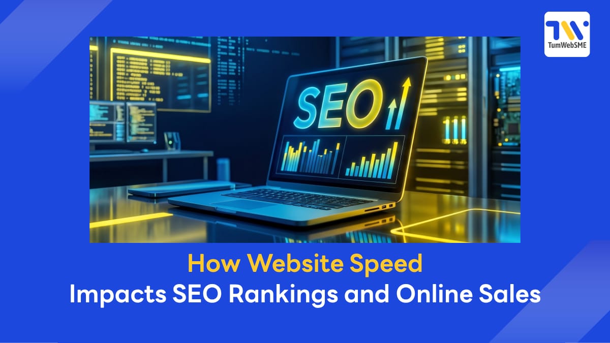 Laptop displaying website speed performance charts and SEO growth metrics