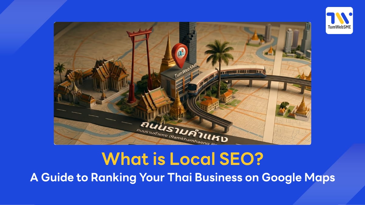 Google Maps search results showing a Bangkok store location pin with a 5-star review rating in a tech-minimal design.