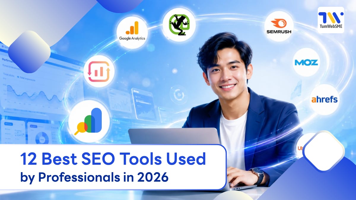 Infographic showcasing top 12 SEO tools for digital marketing and SME business websites in 2026