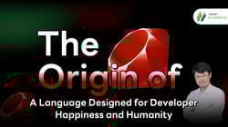The bright red Ruby programming language logo with a creative and happy developer workspace background.