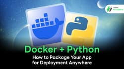 Docker and Python logos illustrating the concept of application packaging and container deployment.