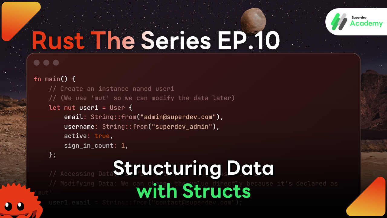 Infographic explaining Rust Structs as Blueprints, showing fields, instance creation, and adding methods using the impl block.