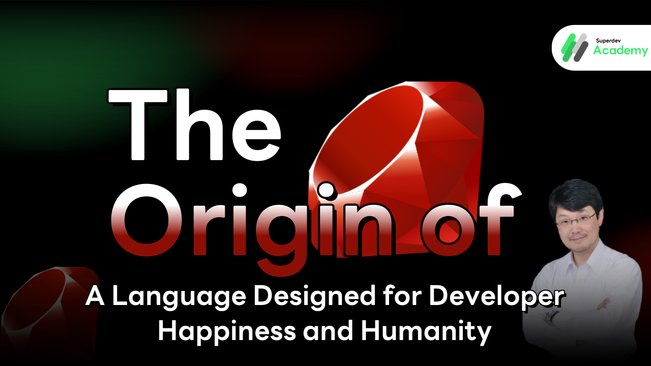 The bright red Ruby programming language logo with a creative and happy developer workspace background.