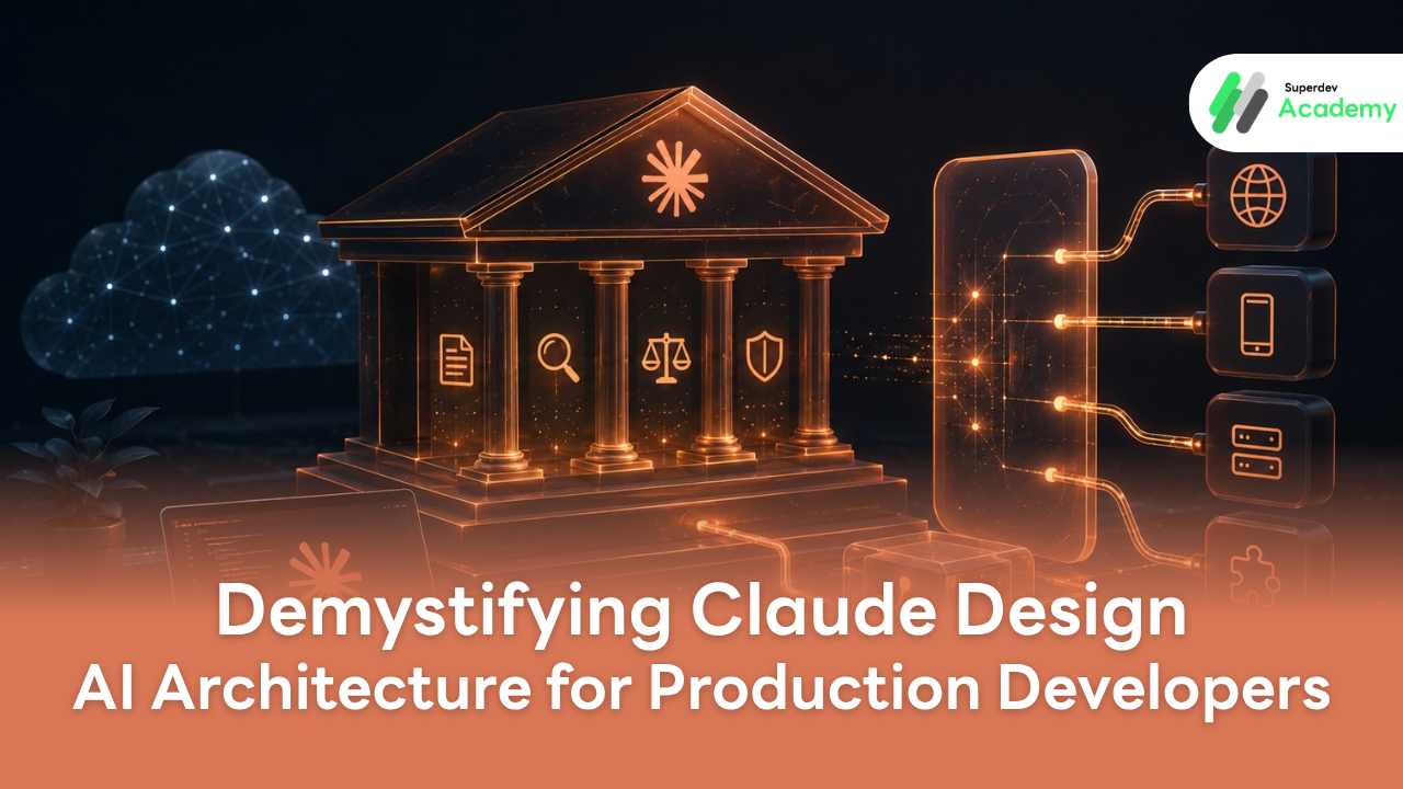 AI system architecture graphic featuring a classic Greek-style building with the Anthropic starburst logo, connected to data, cloud computing, and smartphone icons, with the Thai title text 'Deep Dive into Claude Design: AI Architecture for Production Developers'.