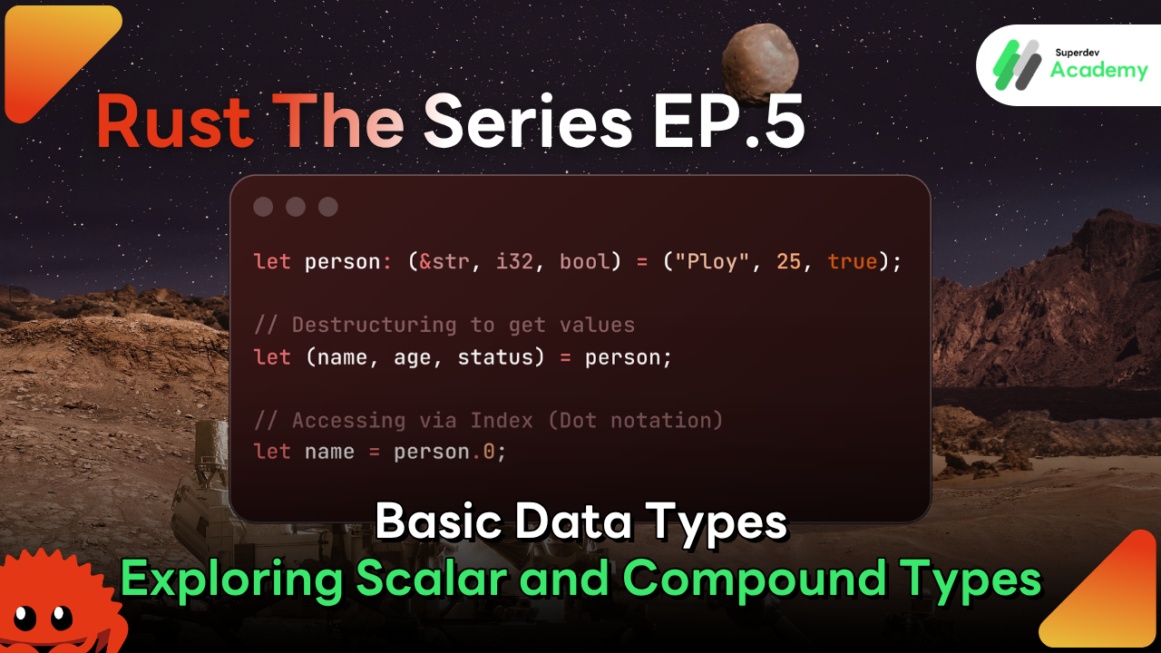 Infographic showing Rust data types categorization into Scalar and Compound types with code snippets and descriptions.