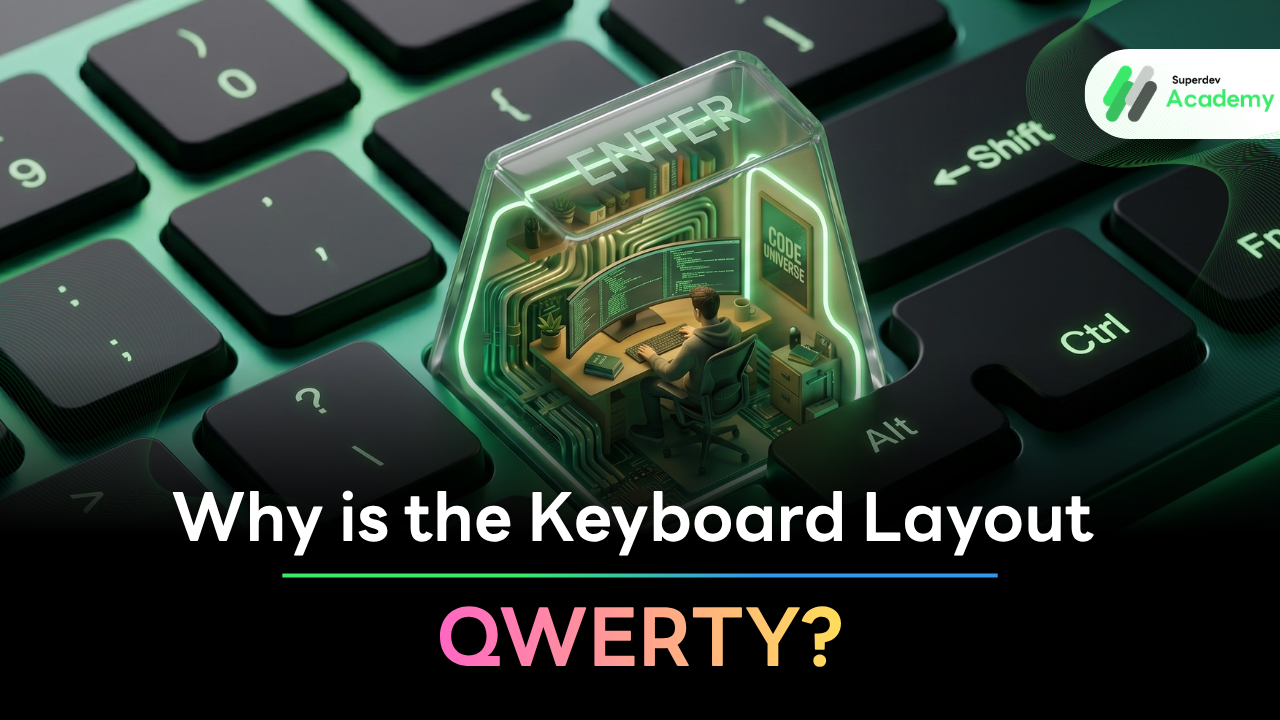 Graphic illustration of QWERTY keyboard layout and ergonomic alternative layouts for developers.