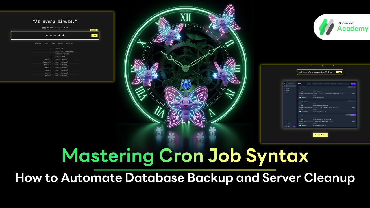 Infographic explaining Cron Job 5-star syntax for Linux task scheduling and automation - Superdev Academy