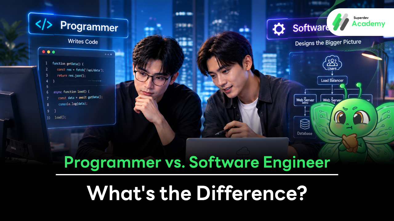 Two developers looking at code and system architecture together, representing the difference between a Programmer and a Software Engineer.